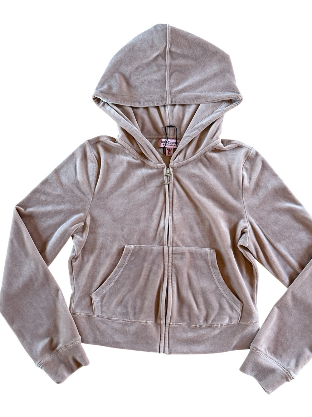 NWOT JUICY COUTURE CROPPED BLING VELOUR HOODIE WOMENS MEDIUM TAN FULL ZIP RETRO